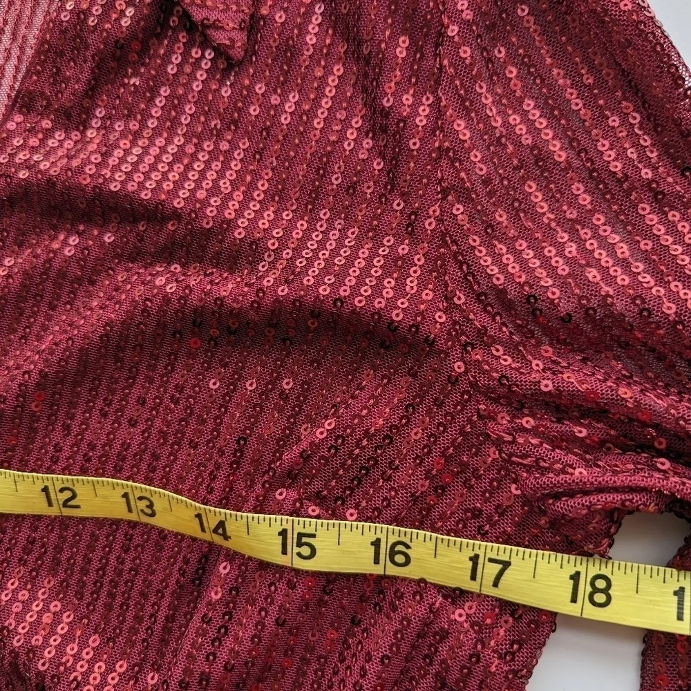 FashionNova Deep Red Wrap Front Collared Fully Sequin Long Sleeve Jumpsuit- sz S